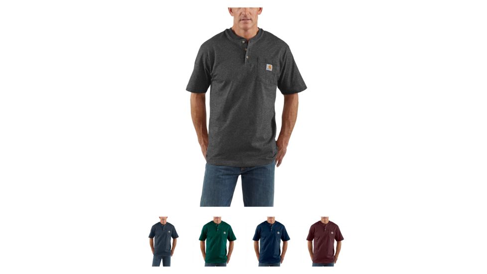 Carhartt Workwear Pocket Short Sleeve Henley for Mens, Carbon Heather, Dark Cobalt Blue Heather, Hunter Green, Navy, Port