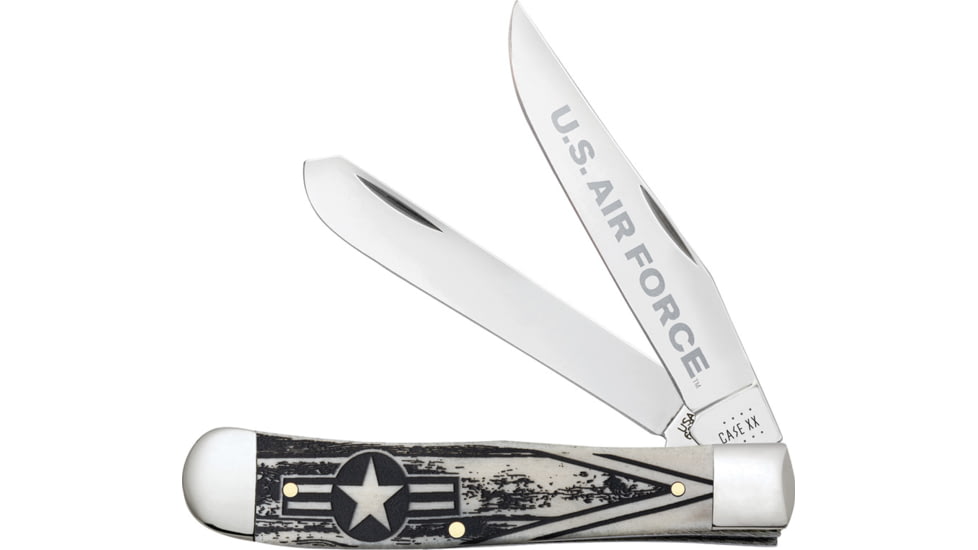 Case Air Force Trapper Folding Knife w/ Blade Etching, 4.13in Closed, Mirror Clip/Spey Blades, Natural Smooth Bone Handle, 32406