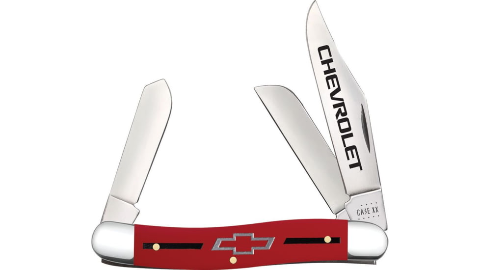 Case Chevrolet Stockman Folding Knife, 3.88in Closed, Mirror Clip/Sheepsfoot/Spey Blades, Red Smooth Synthetic Handle, 33705