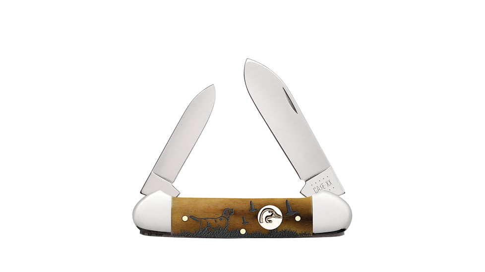 Case Ducks Unlimited Canoe Folding Knife, Satin finish stainless spear and pen blades, Antique smooth bone handle, 7543