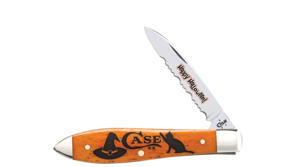 Case Halloween Gift Tin - Embellished Smooth Persimmon Orange Bone Tear Drop Knife, 10573