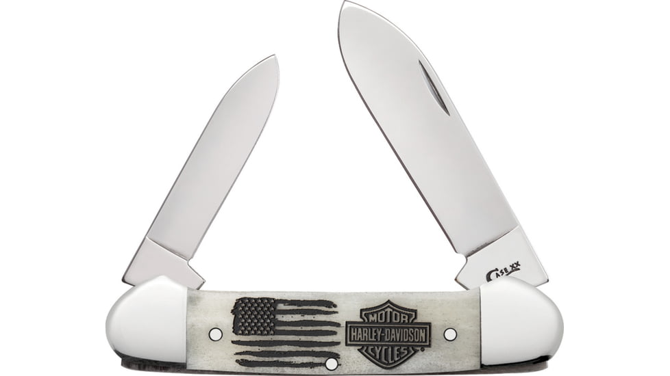 Case Harley Davidson Canoe Folding Knife, Mirror finish stainless spear and pen blades, Natural smooth bone handle, 52217