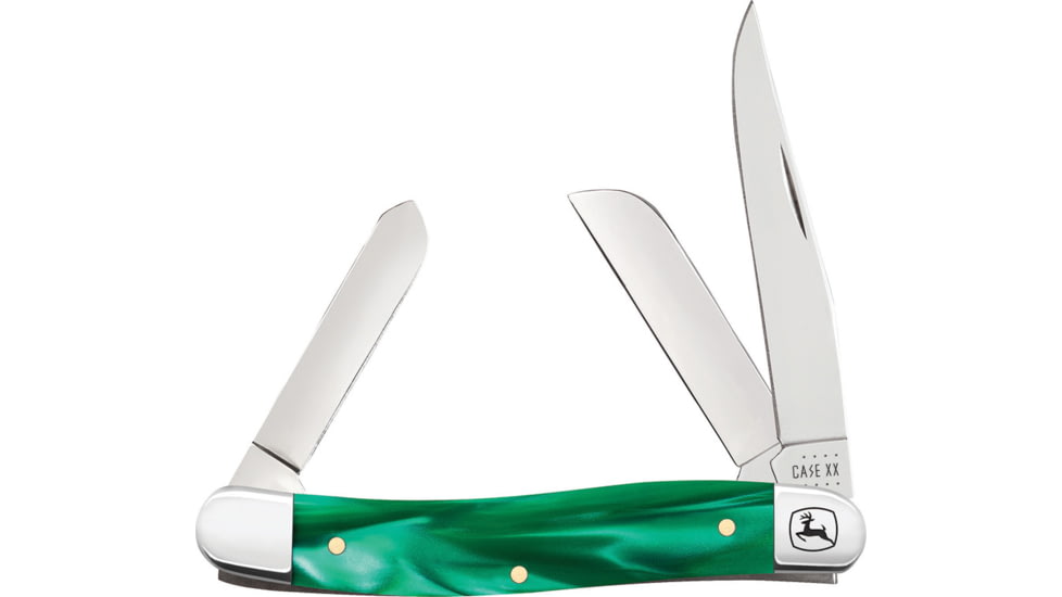 Case John Deere Stockman Folding Knife, Mirror finish stainless clip, sheepsfoot, and spey, Green smooth Kirinite handle, 15776