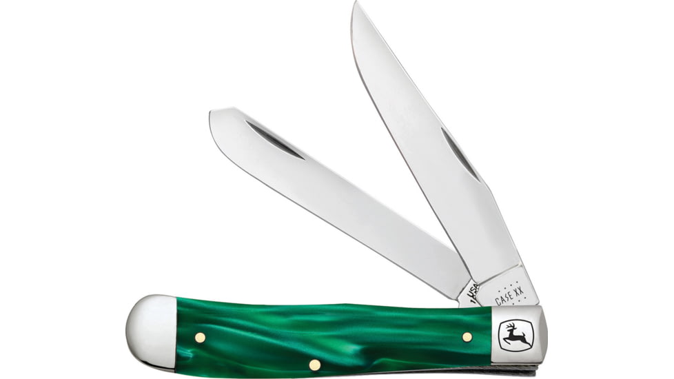 Case John Deere Trapper Kirinite Folding Knife, Mirror finish stainless clip and spey blades, Green smooth Kirinite handle, 15772