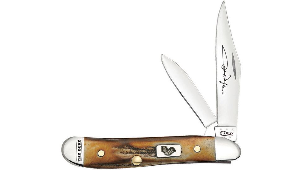 Case John Wayne Peanut Burnt Stag Folding Knife,Stainless Steel,Standard Edge,Clip and Pen,Mirror Polish,Burnt Stag Handle CA10698