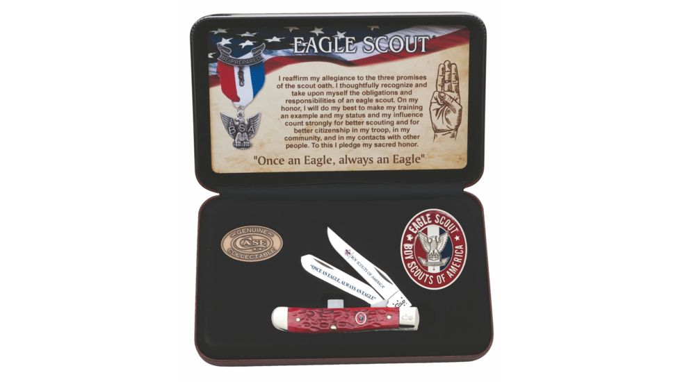 Case Knife BSA Eagle Scout Smooth Red Bone Mini Trapper Jewel Box Clip and Spey Blades 3 1/2 in / 8.89cm closed 18038