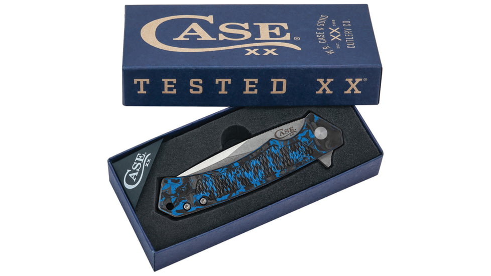 Case Marilla Blue CF Folding Knife, 4.75in Closed, 3.75in Stonewash S35VN Stainless Steel Blade, Black/Blue Carbon Fiber Handle w/ Black Aluminum Back Handle, 25895