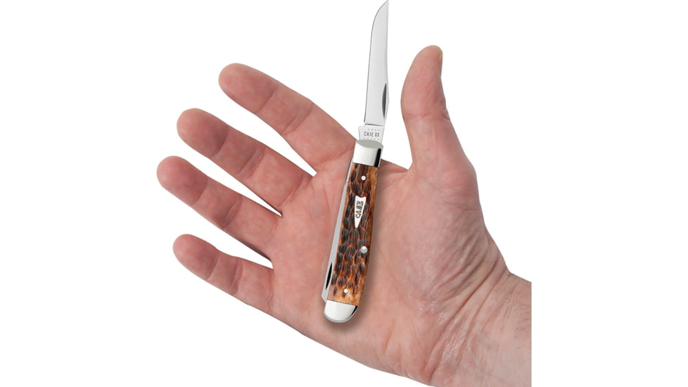 Case Mini Trapper Brown Peach Seed Folding Knife, 3.5in Closed, Mirror Clip/Spey Blades, Brown Peach Seed Jigged Bone Handle, 42652