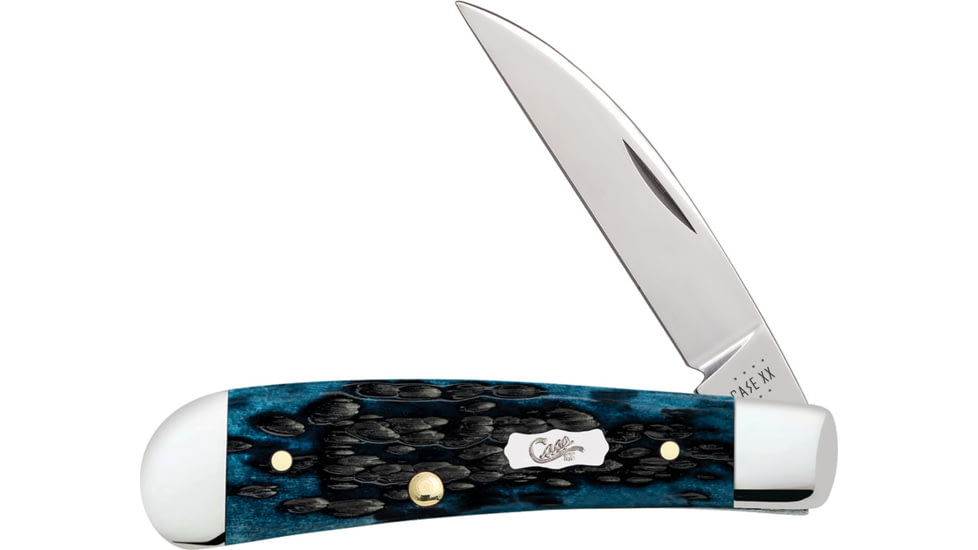 Case Pocket Worn Sway Back Folding Knife, 3.19in Closed, Mirror Wharncliffe Blade, Pocket Worn Mediterranean Blue Jigged Bone Handle, 51856