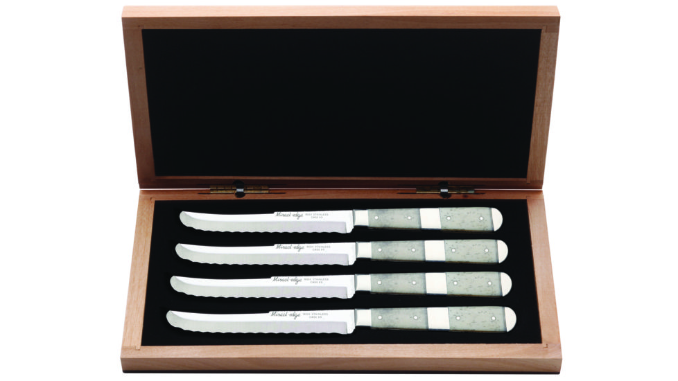 Case Smooth Natural Bone Steak Knives, Set of Four, w/Center Bolster in Wooden Box , M254 SS, 02266