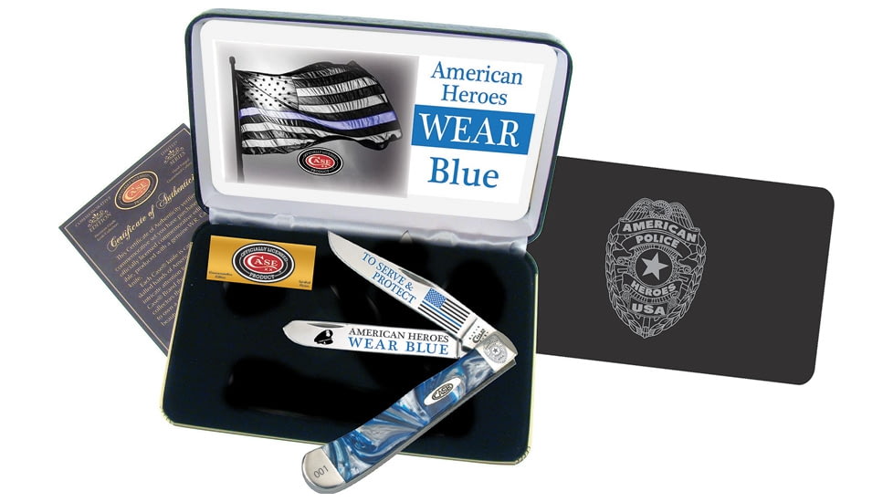 Case American Police Trapper Folding Knife, Mirror SS Clip/ Spey Blades, Blue Smooth Corelon Handle, Serialized, Certificate Of Authenticity, CAT-BC/BLUE