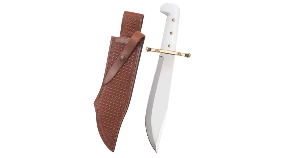 Case Bowie Knife with Blade Artwork and Leather Sheath, 9.5 in, Tru-Sharp Surgical Steel, White Synthetic Handle, 12398