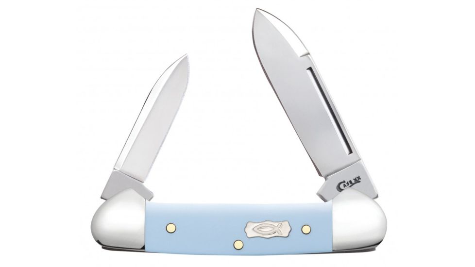 Case Ice Blue Ichthus - Baby Butterbean Folding Knive, Surgical Steel Spear and Pen Blades, Smooth Ice Blue Synthetic Handle, 2.75in Closed, 23383