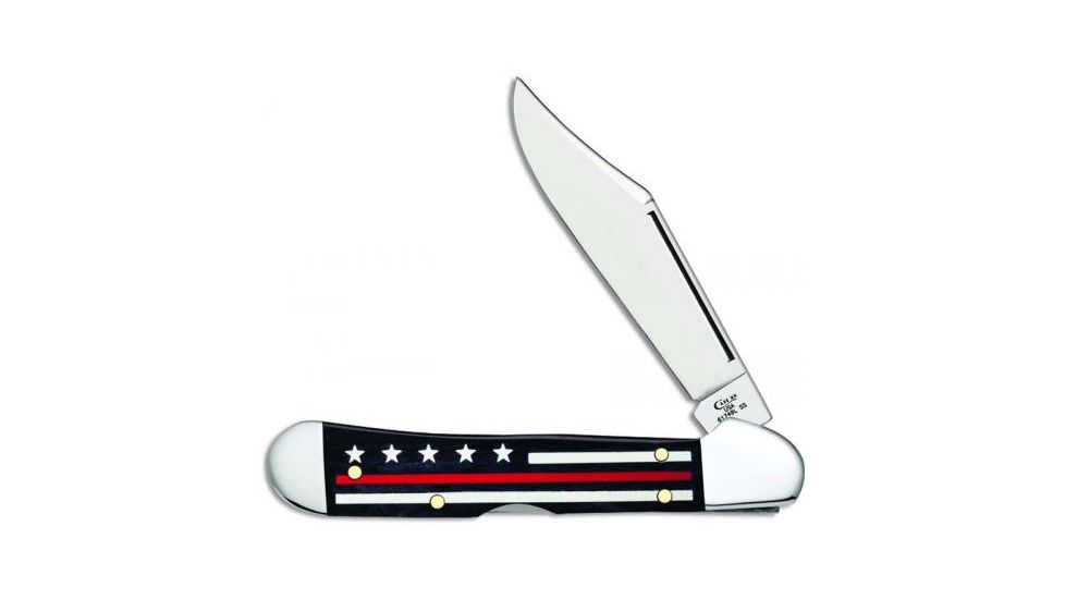 Case Stripes of Service - Embellished Mini CopperLock Folding Knive, Surgical Steel Locking Clip Blade, Smooth Natural Bone Multi Handle, Red Line, 3.625in Closed, 07312