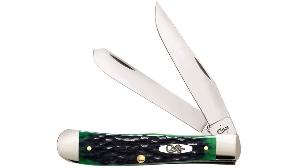 Case Trapper Folding Knife, Mirror SS Clip/ Spey Blades, Hunter Green Jigged Bone Handle, Nickel Silver Bolster, Inlay Shield, 87080