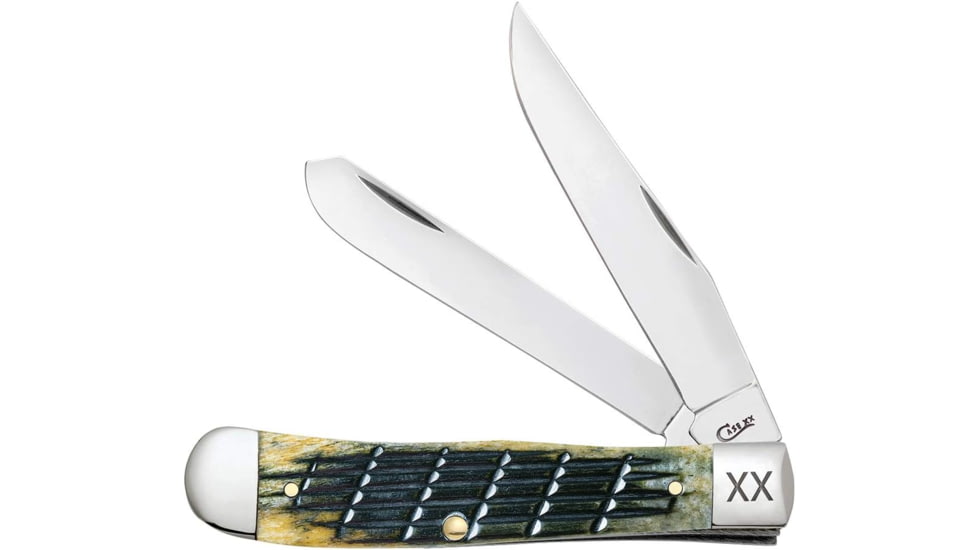 Case Trapper Folding Knife, Mirror SS Clip/ Spey Blades, Olive Green Fence Row Jigged Bone Handle, Nickel Silver Bolster, 16020