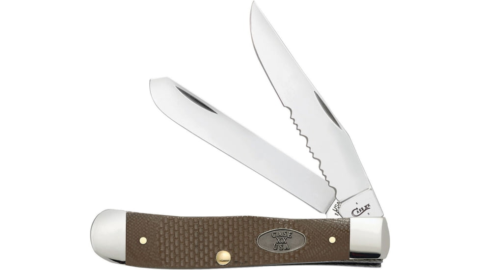 Case Trapper Folding Knife, Mirror SS Serrated Clip/ Spey Blades, Earth Brown G10 Handle, Nickel Silver Bolster, Inlay Shield, 23306