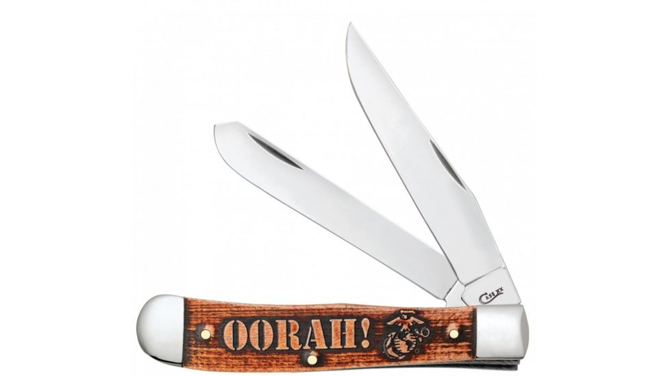 Case USMC Gift Set - Embellished Trapper Folding Knive in Jewel Box, Surgical Steel Clip and Spey Blades, Smooth Natural Bone Handle with Cinnamon Color Was, 4in Closed, 13189