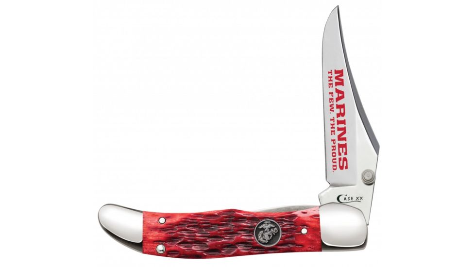 Case USMC - Peach Seed Jig Kickstart Mid-Folding Hunter Knive w/ Belt Clip, Surgical Steel Blade, Dark Red Bone Handle, 4in Closed, 13187