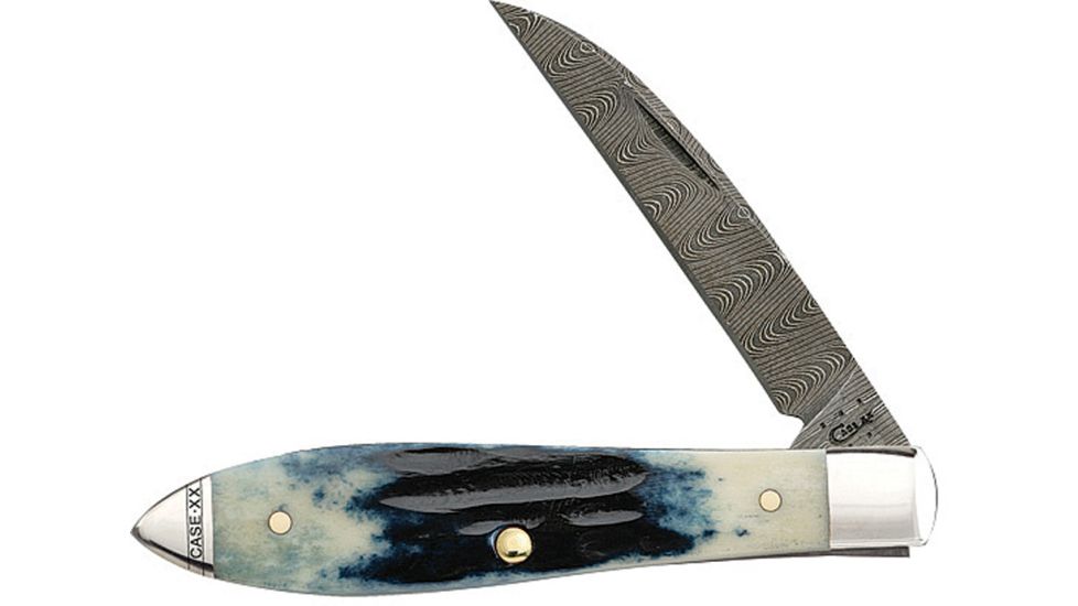 Case Teardrop Damascus Med Blue Folding Knife,Damascus Steel,Standard Edge,Wharncliffe,Mediterranean Blue,Jigged Bone Handle CA10831