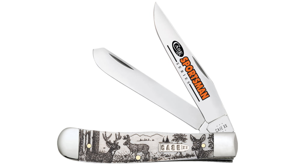 Case Trapper Sportsman Folding Clip Point/Spey Plain Mirror Polished Tru-Sharp SS Blade/Deer Embellished Natural Bone Handle, 81220