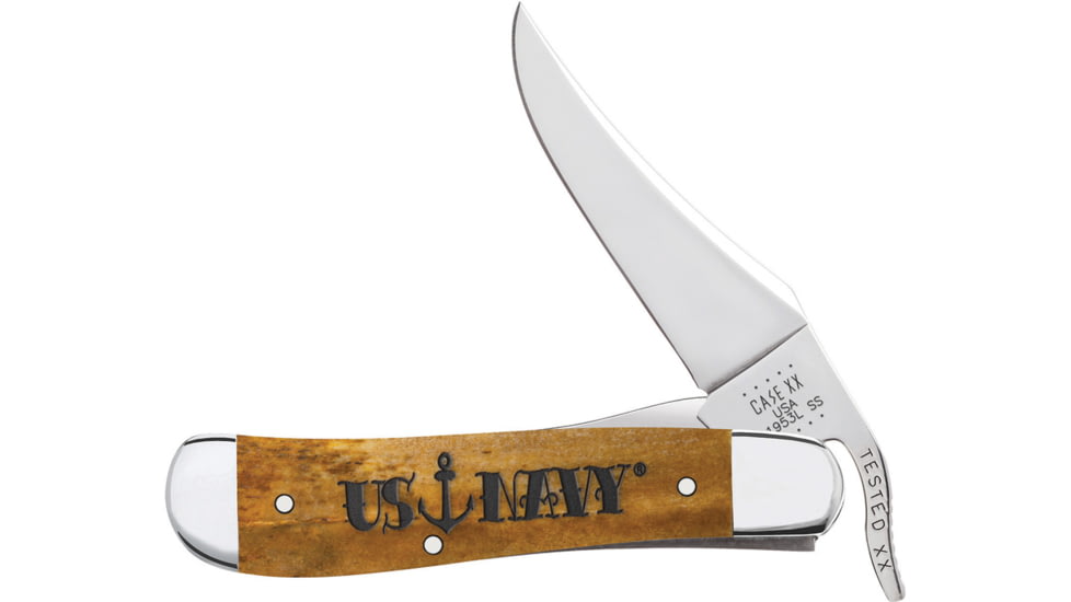 Case US Navy Russlock Antique Folding Knife, Mirror finish stainless one-hand opening clip blad, Antique smooth bone handle, 17723
