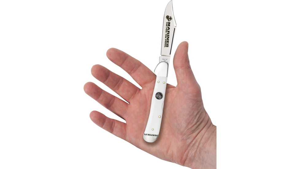 Case USMC CopperLock Synthetic Folding Knife, 4.25in Closed, Mirror Clip Blade, White Smooth Synthetic Handle, 13201