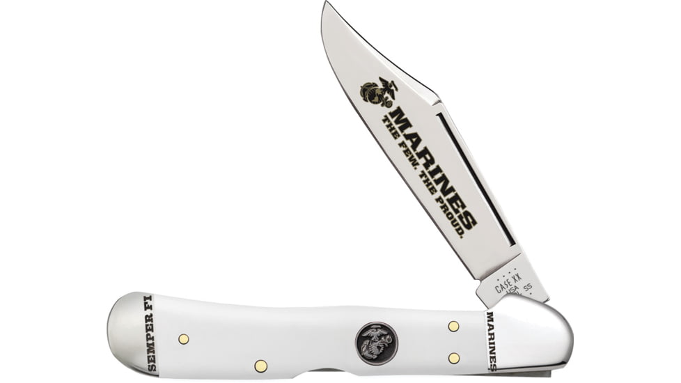 Case USMC CopperLock Synthetic Folding Knife, 4.25in Closed, Mirror Clip Blade, White Smooth Synthetic Handle, 13201