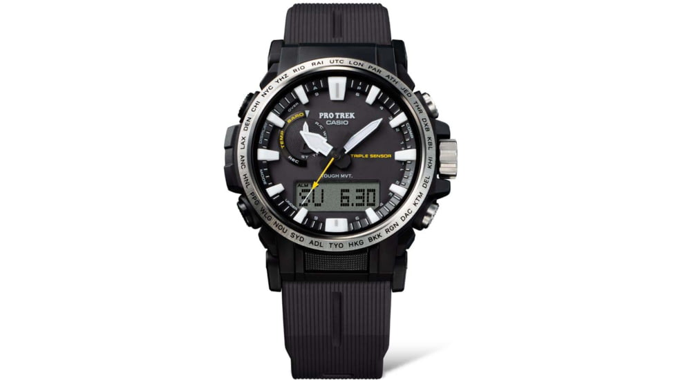 Casio Outdoor Pro Trek Solar Powered Triple Sensor Word Time Watch w/Biomas Plastic Case and Strap - Mens, Black, One Size, PRW-61-1A
