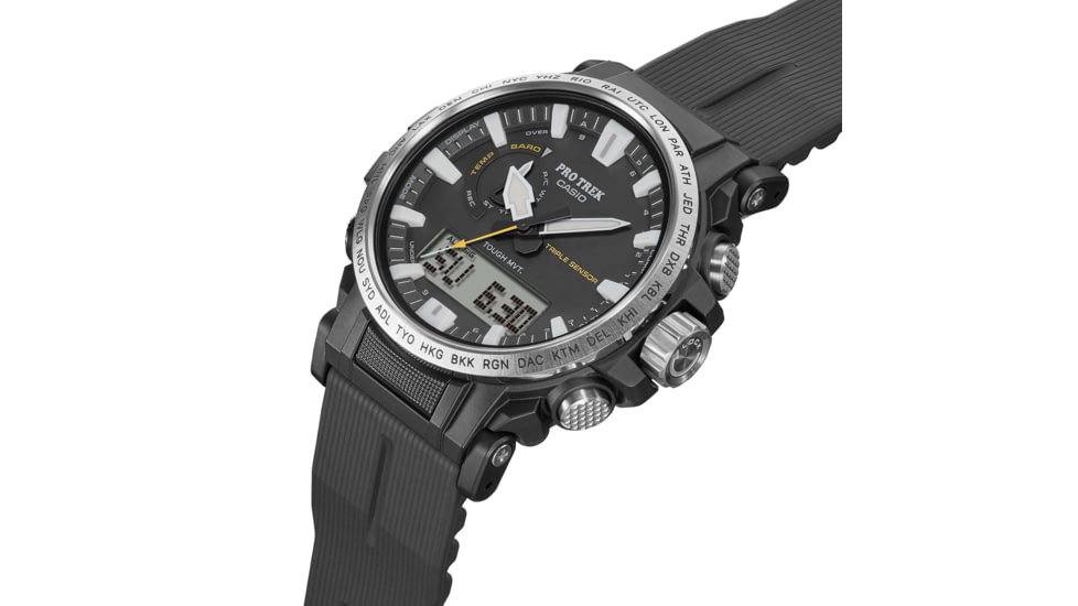 Casio Outdoor Pro Trek Solar Powered Triple Sensor Word Time Watch w/Biomas Plastic Case and Strap - Mens, Black, One Size, PRW-61-1A