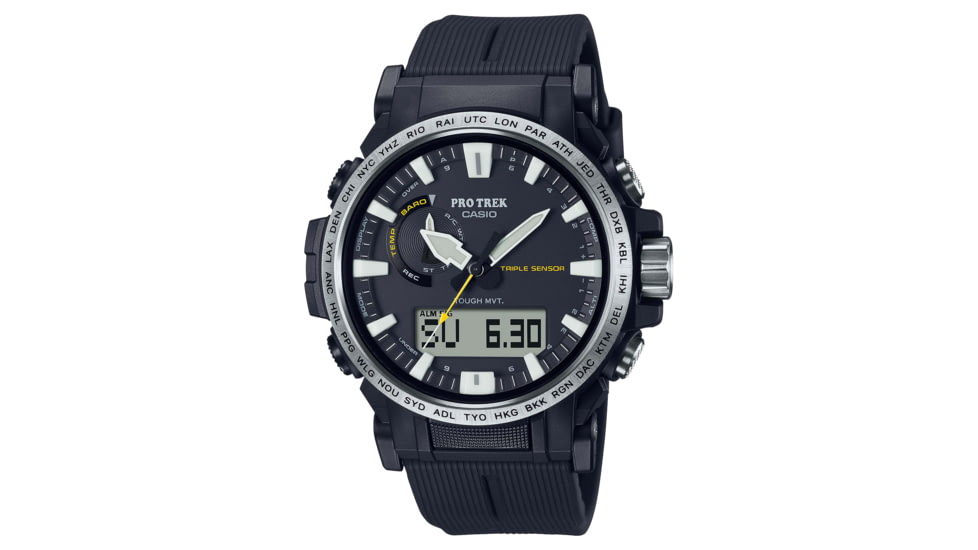 Casio Outdoor Pro Trek Solar Powered Triple Sensor Word Time Watch w/Biomas Plastic Case and Strap - Mens, Black, One Size, PRW-61-1A