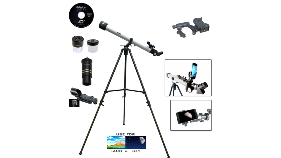 Cassini 800mm x 60mm Erect Image Prism Refractor Telescope w/ Smartphone Adapter, White, SS-2800