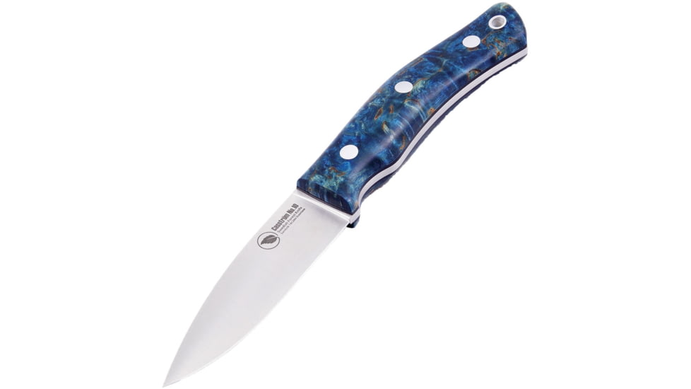 Casstrom No 10 SFK Blue Blue/SS/Flat Knife, 8.75in Overall, 4in Satin 14C28N Sandvik SS Drop Point, Blue Birch Wood Handle, Black Leather Sheath, KS13119