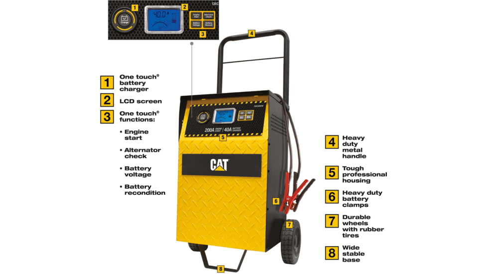 CAT 40 Amp Professional Rolling Battery Charger, 3 Amp Maintainer With 200 Amp Engine Start, Yellow/Black, CBC200EW