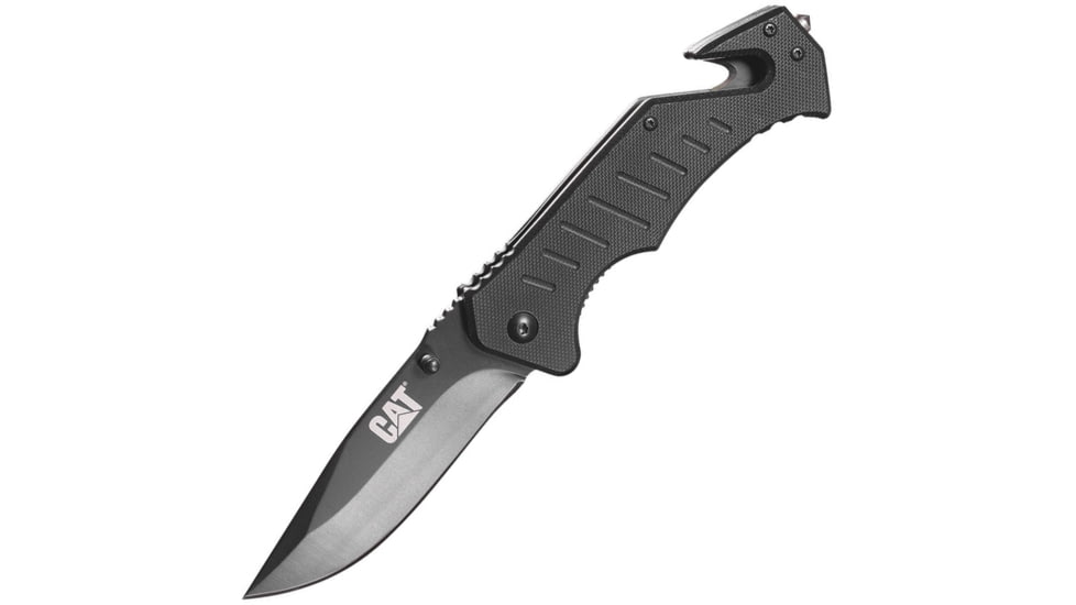Caterpillar Linerlock Folding Knife, 3.5in Black 7Cr17Mov SS Drop Point, Black G10 Handle, Belt/Cord Cutter, Glass Breaker, Thumb Stud, Pocket Clip, 980012
