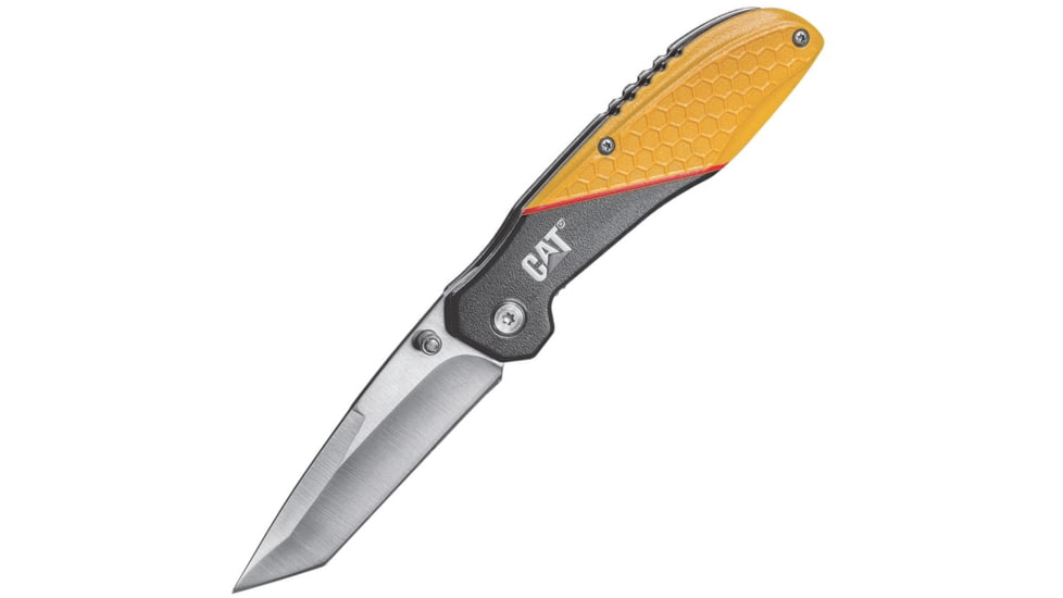 Caterpillar Linerlock Folding Knife, 3in Satin 7Cr17Mov SS Tanto Blade, Aluminum Handle, Thumb Stud, Pocket Clip, Yellow And Black Handle, 980047