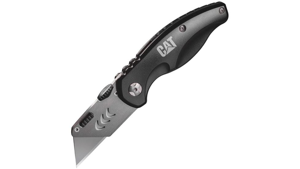 Caterpillar Utility Linerlock Folding Knife, 1.13in SS Blade, Black Aluminum Handle, Thumb Stud, Pocket Clip, Uses Standard Utility Knife Blade, Black, 980018