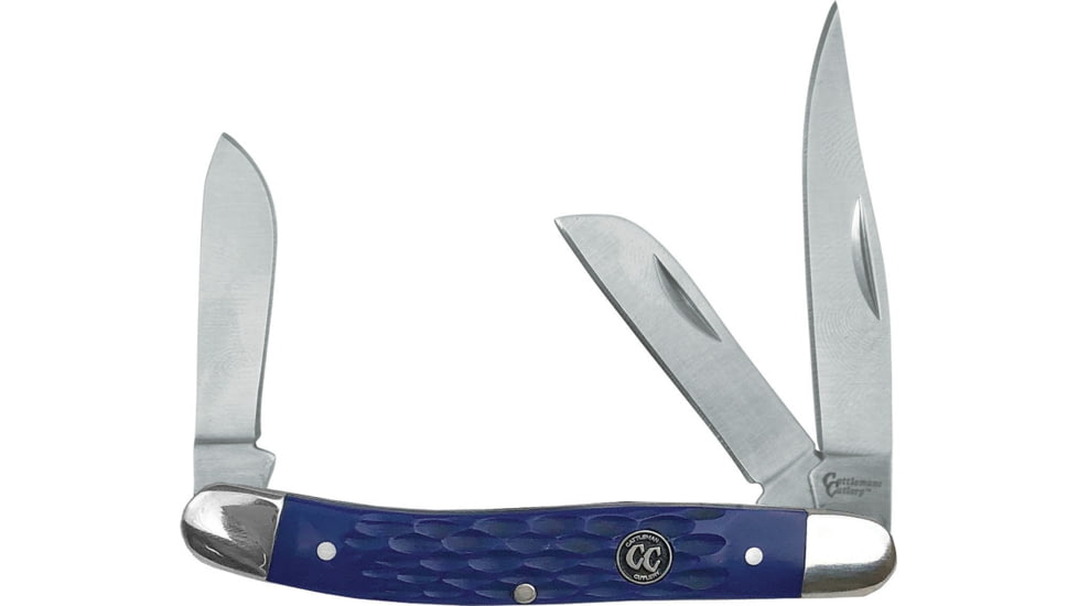 Cattleman'S Cutlery Signature Stockman Blue Folding Knife, Satin 3Cr13 SS Clip, Sheepsfoot, Spey Blades, Blue Jigged Delrin Handle, SS Bolster, Inlay Shield, Blue, CC0001JBL