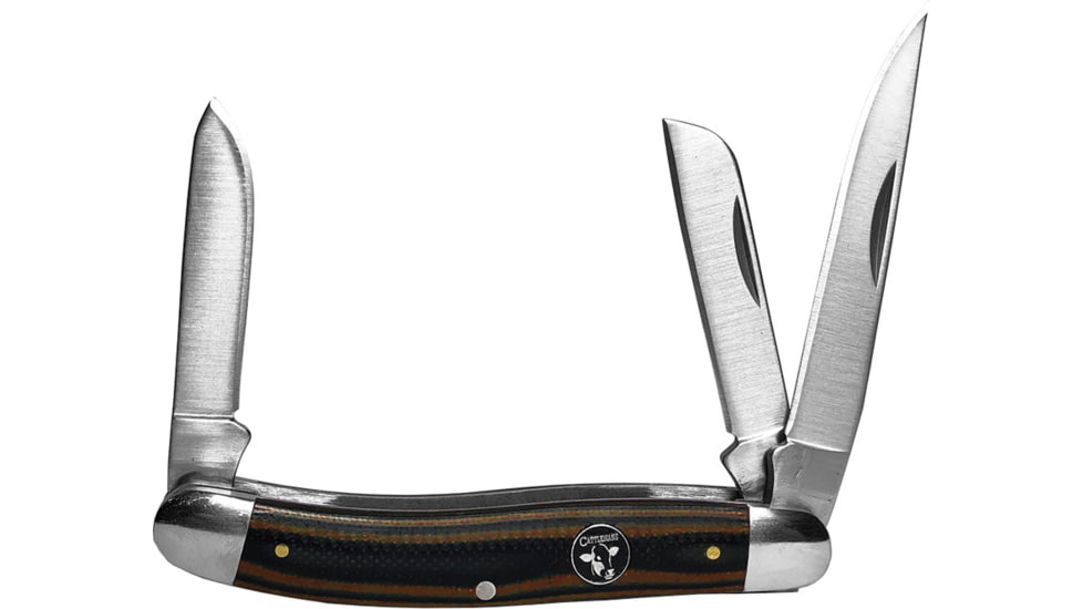 CattlemanS Cutlery Cowhand Stockman Brown Folding Knife, Satin finish 3Cr13 stainless clip, sheepsfoot, and, Black and brown G10 handle, CC0001GBN