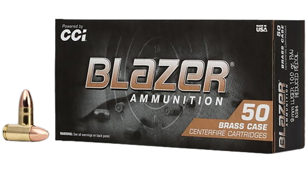 CCI Ammunition Blazer 9mm Luger 100 Grain Full Metal Jacket Brass Pistol Ammo, 50 Rounds, 5296