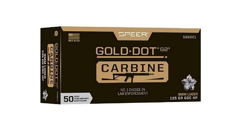 Speer Gold Dot Carbine 9mm Luger 135 Grain Carbine Brass Cased Pistol Ammo, 50 Rounds, 59GDC1