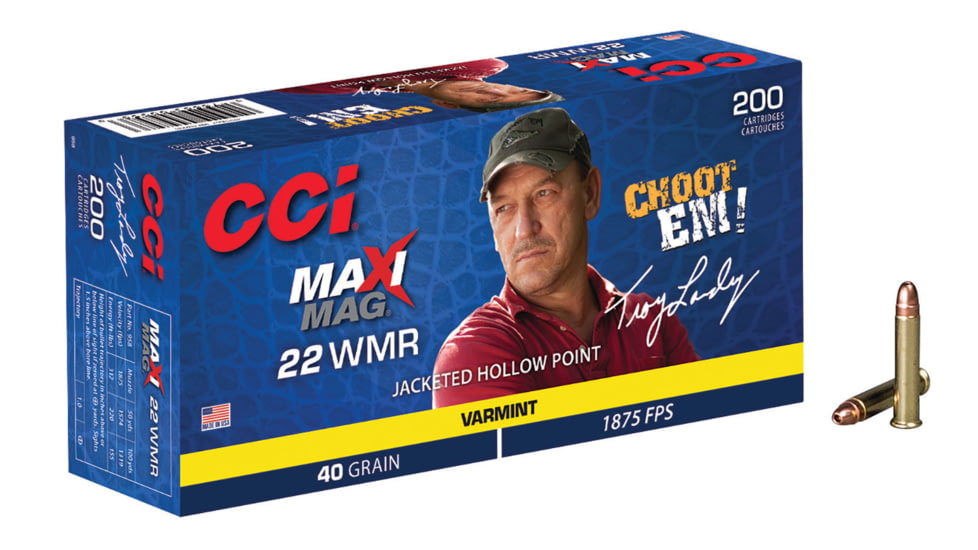 CCI Ammunition Maxi-Mag .22 Winchester Magnum 40 Grain JHP Brass Rimfire Ammo, 200 Rounds, 958