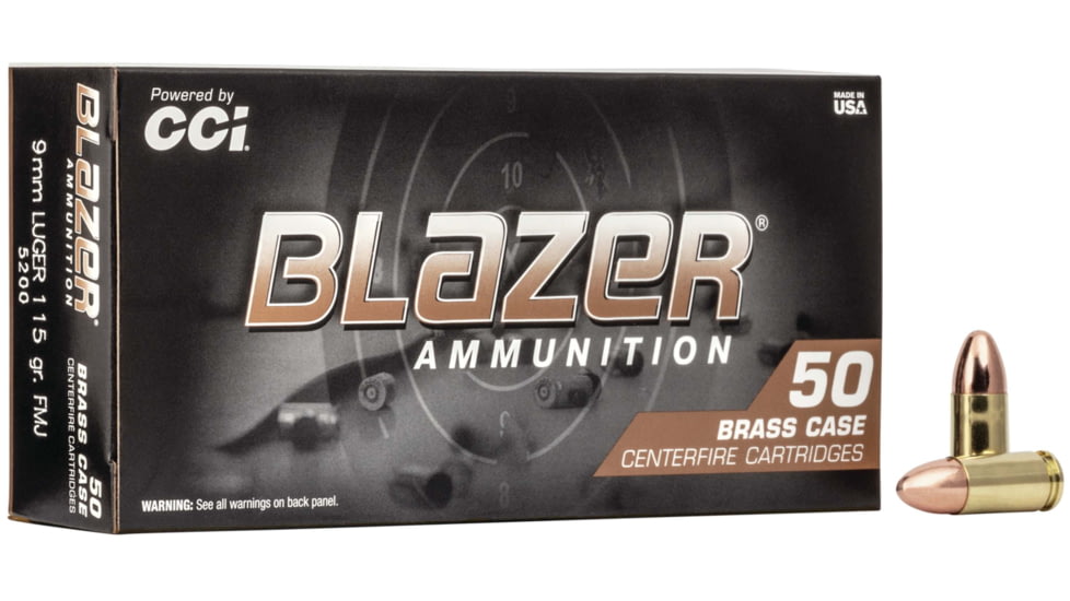 CCI Ammunition Blazer 9mm Luger 115 Grain Full Metal Jacket Brass Case Pistol Ammo, 50 Rounds, 5200