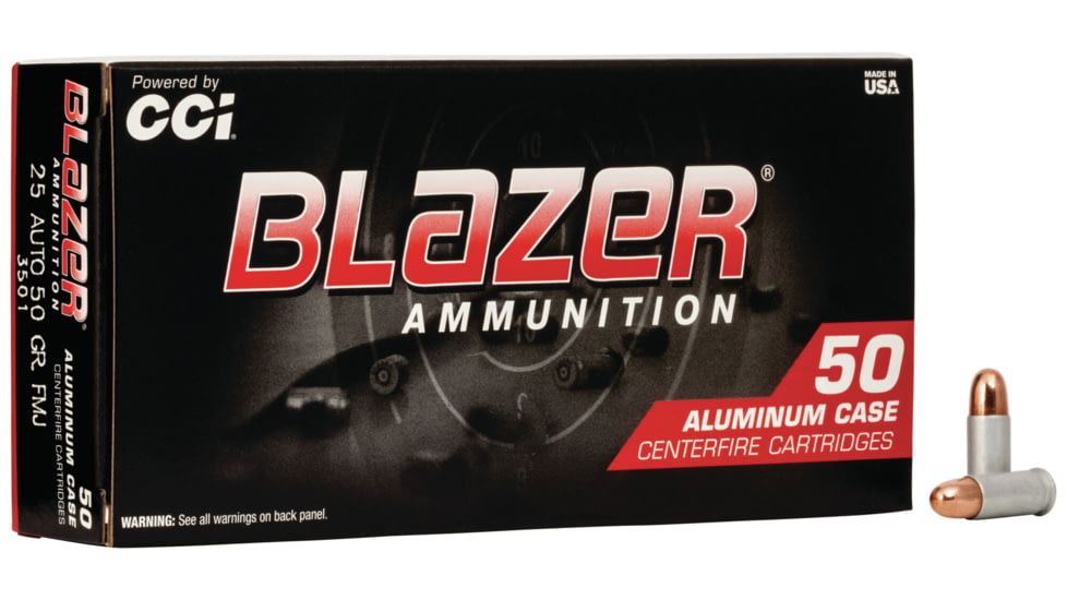 CCI Ammunition Blazer .25 ACP 50 Grain Full Metal Jacket Aluminum Centerfire Pistol Ammo, 50 Rounds, 3501