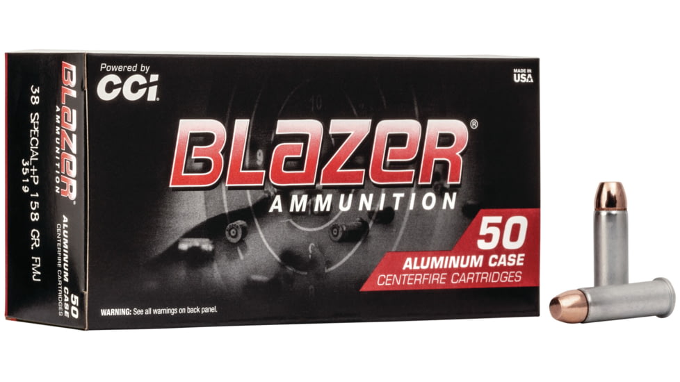 CCI Ammunition Blazer, .38 Special +P, 158 Grain, FMJ, Aluminum Case, Aluminum Pistol Ammo, 50 Rounds, 3519