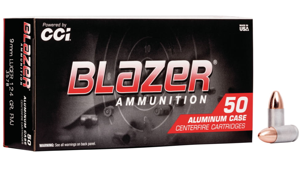 CCI Ammunition Blazer Aluminum 9mm Luger 124 grain Full Metal Jacket Centerfire Pistol Ammo, 50 Rounds, 3578