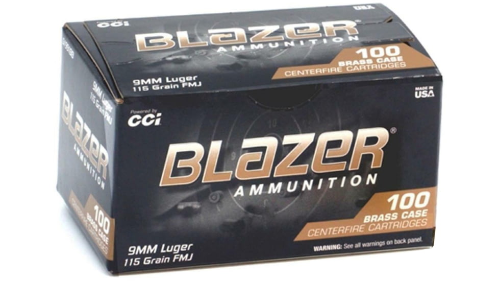 CCI Ammunition Blazer, 9mm Luger, 115 Grain, FMJ, Brass Case, Centerfire Pistol Ammo, 100 Rounds, 51991BB