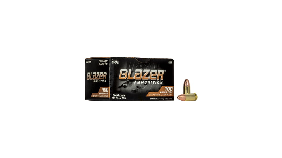 CCI Ammunition Blazer 9mm Luger 115 Gain Full Metal Jacket Brass Cased Pistol Ammunition, 100 Rounds, 52001BB
