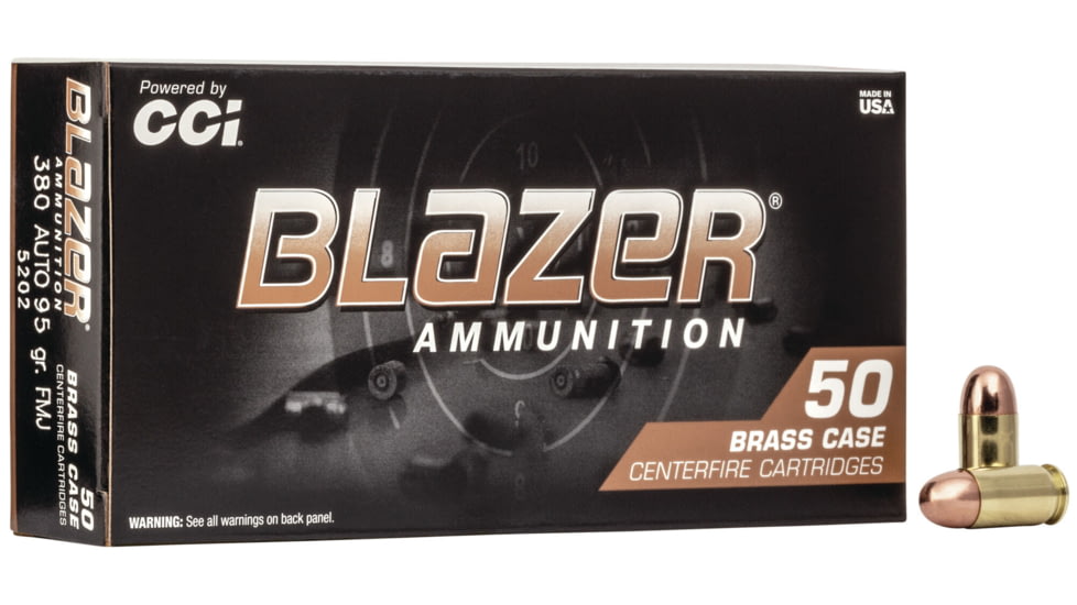 CCI Ammunition Blazer, .380 ACP, 95 Grain, FMJ, Brass Case, Brass Centerfire Pistol Ammo, 50 Rounds, 5202