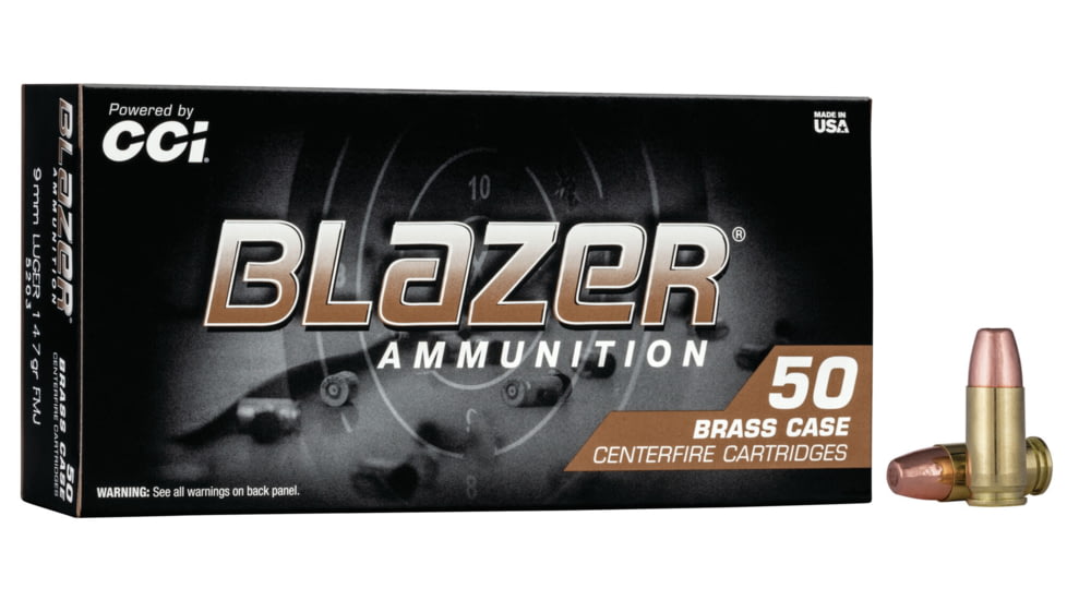 CCI Ammunition Blazer Brass 9mm Luger 147 grain Full Metal Jacket Centerfire Pistol Ammo, 50 Rounds, 5203